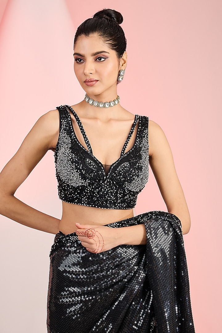 Black Georgette Sequins & Cutdana Hand Embroidered Wedding Saree Set by MeenaGurnam at Pernia's Pop Up Shop
